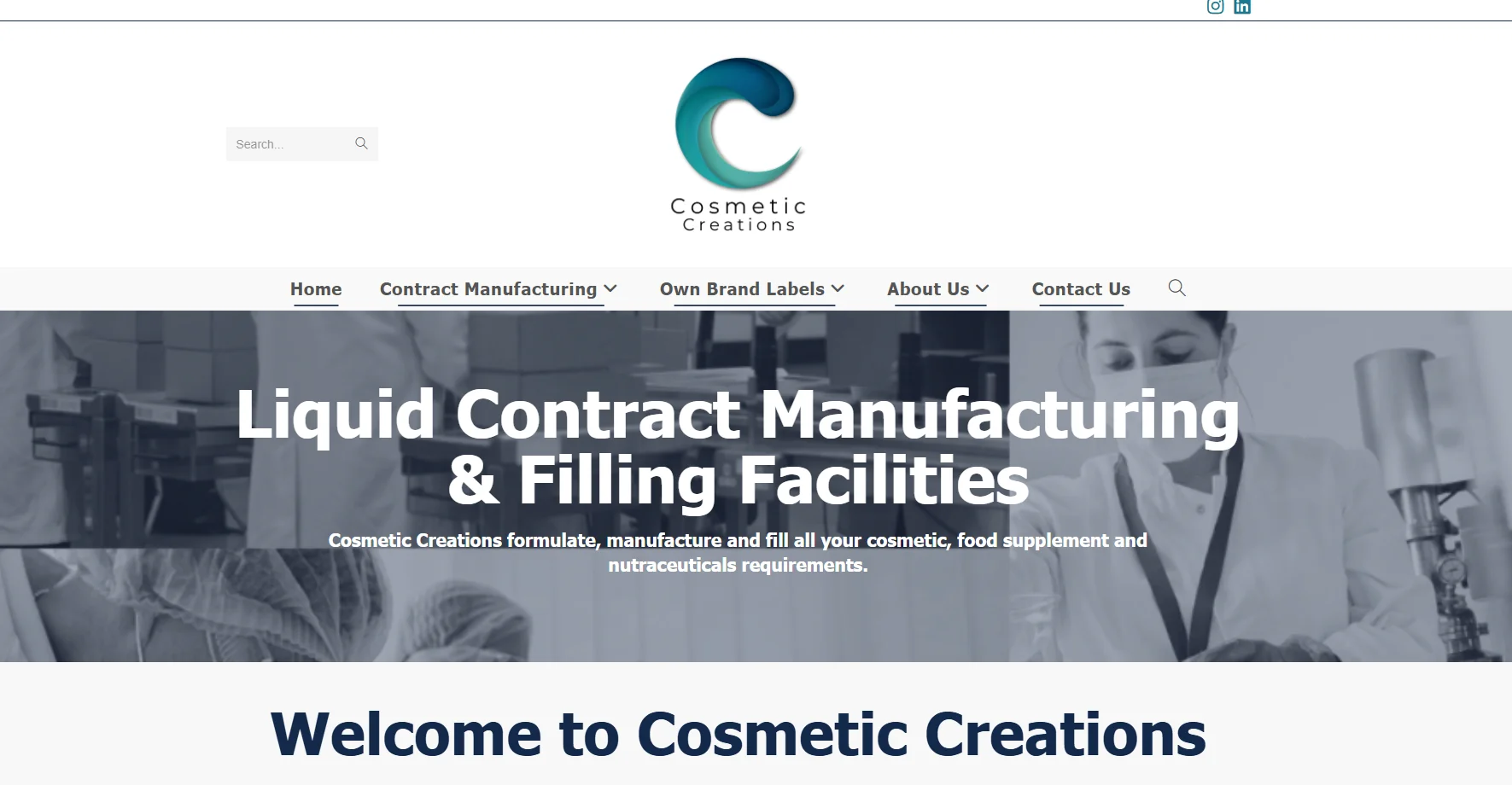 Website banner for Cosmetic Creations showing their focus on liquid contract manufacturing and filling facilities.